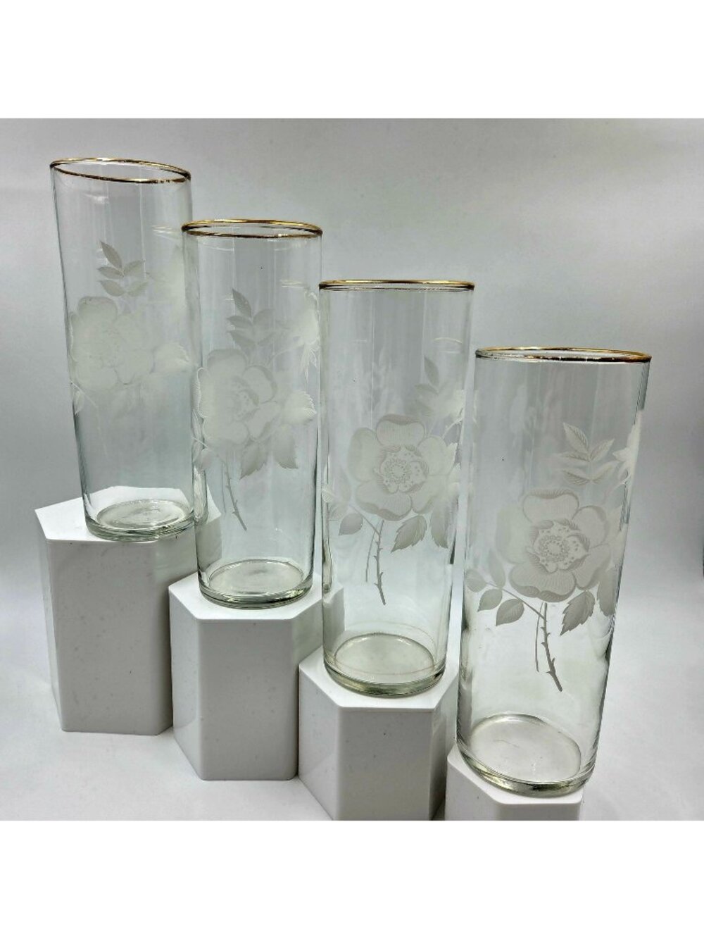 Etched Rose Floral Design with Gold Rim Set of 4 Tall Drink Glass